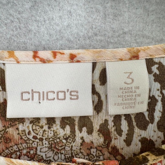 Chicos Tunic Top Women XL Asymmetrical Hem 3/4 Sleeve Leopard Roll‎ Tab Chiffon - Picture 11 of 16